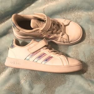 white adidas with Iridescent stripes. USED